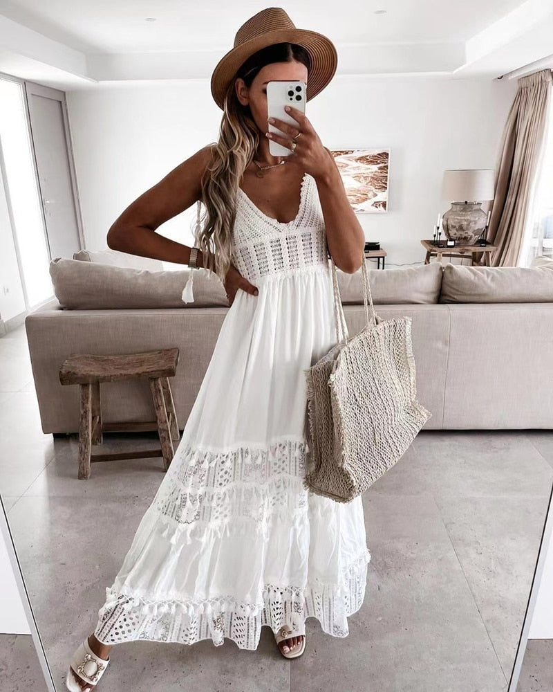 White Crochet Bohemian Dress